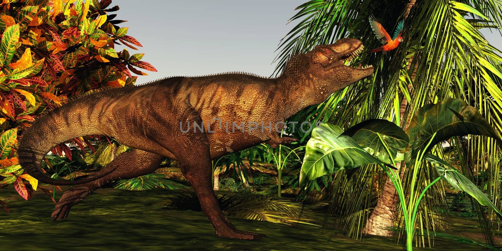 Tyrannosaurus Rex launches himself at a parrot in the jungle wilderness.