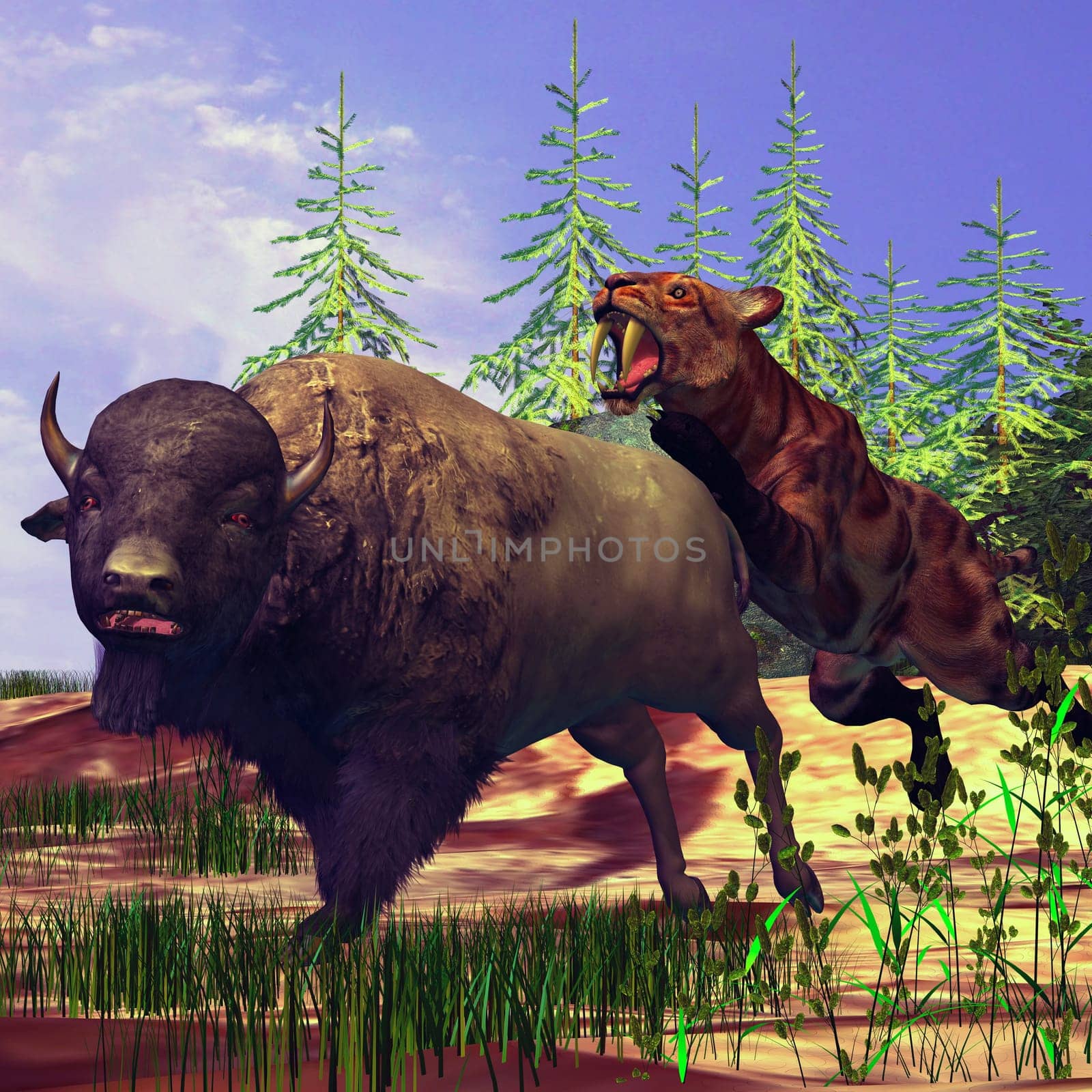 A huge Saber-Tooth Tiger launches an attack on a unlucky buffalo.
