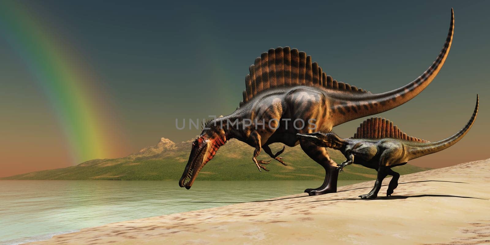 A rainbow emerges just as a mother Spinosaurus dinosaur leads her offspring down to a lake.