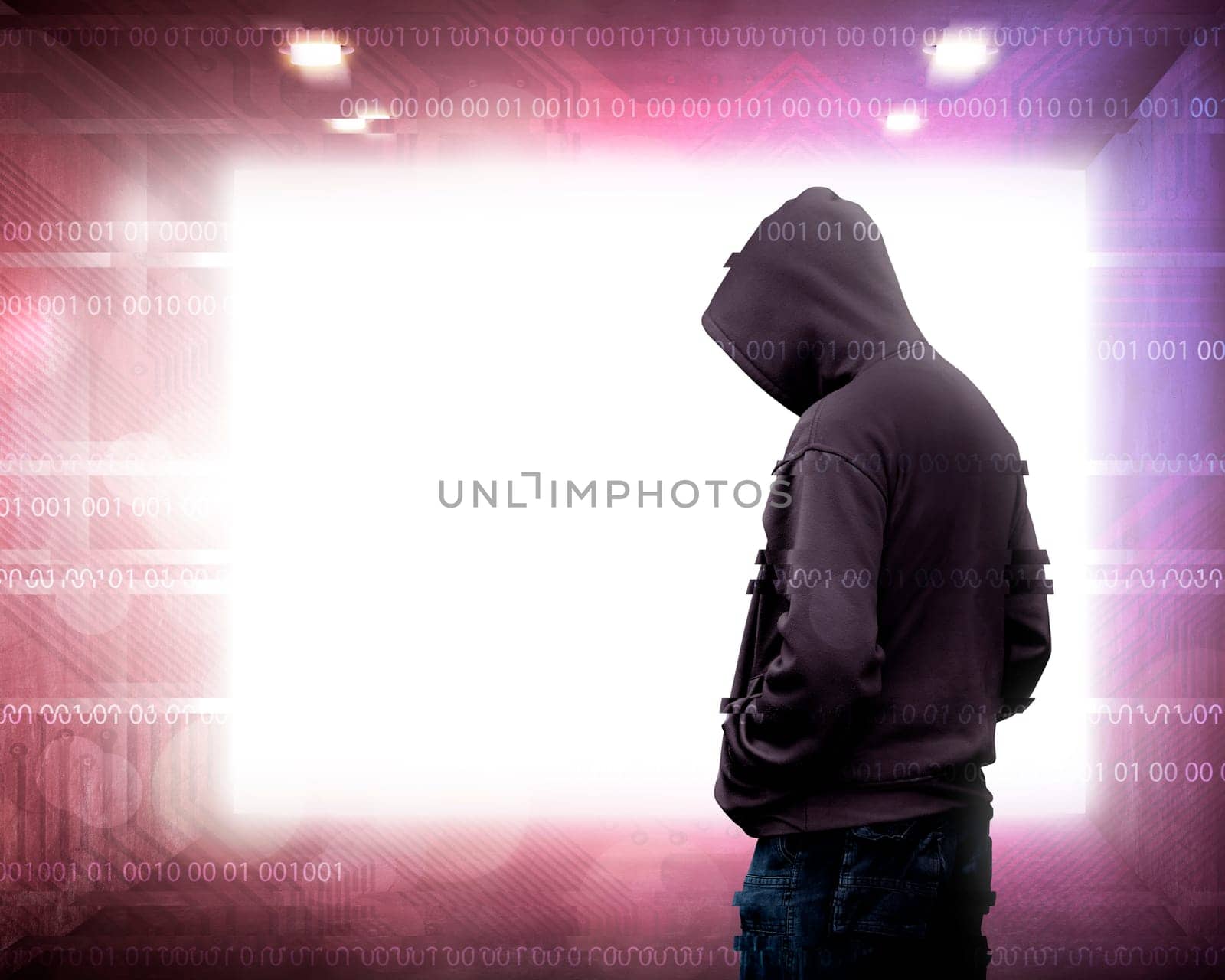 Man in hoodie shirt is hacker. Computer security concept