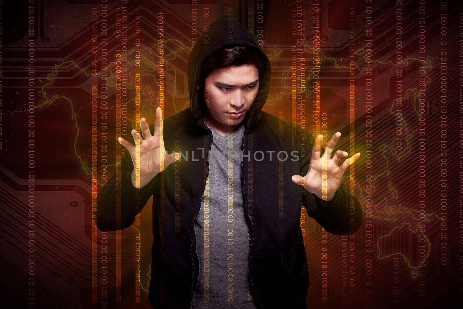 Man in hoodie shirt is hacker. Computer security concept