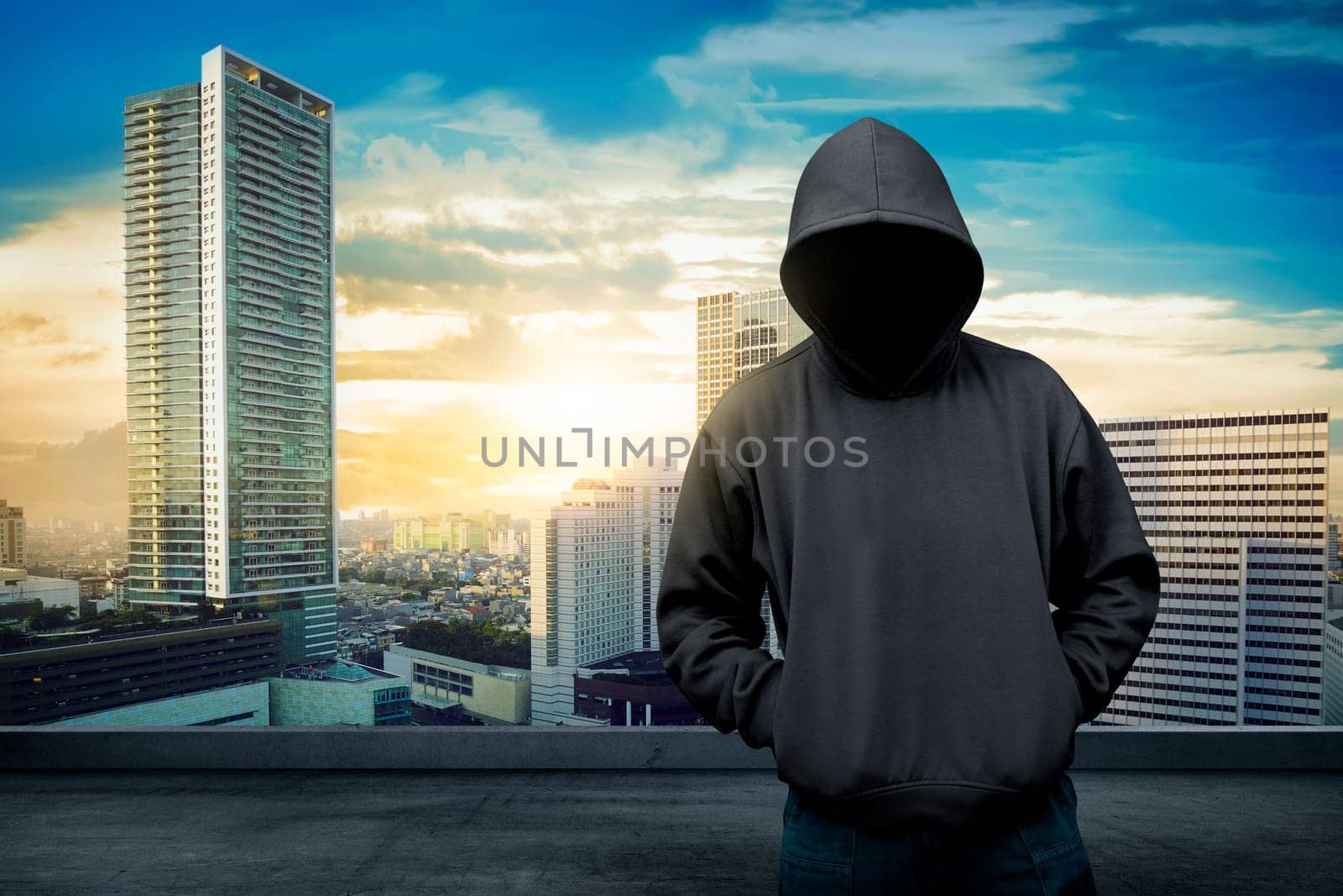Man in hoodie shirt is hacker. Computer security concept