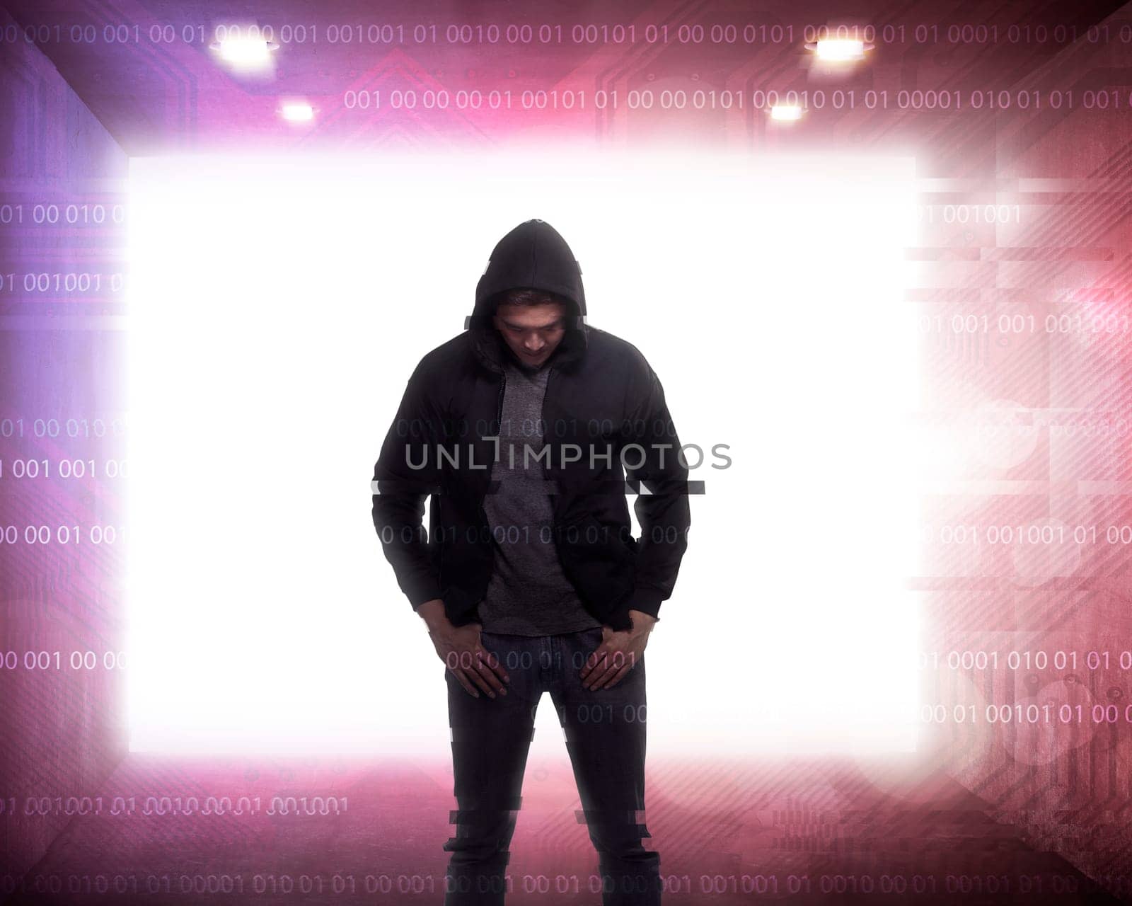 Man in hoodie shirt is hacker. Computer security concept