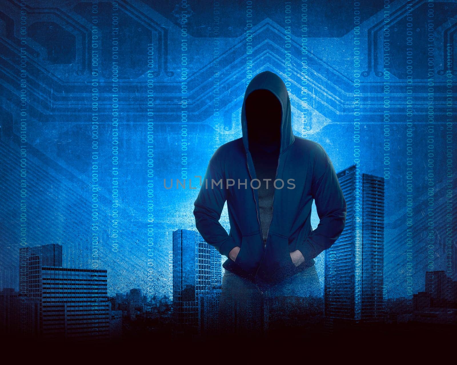 Man in hoodie shirt is hacker. Computer security concept