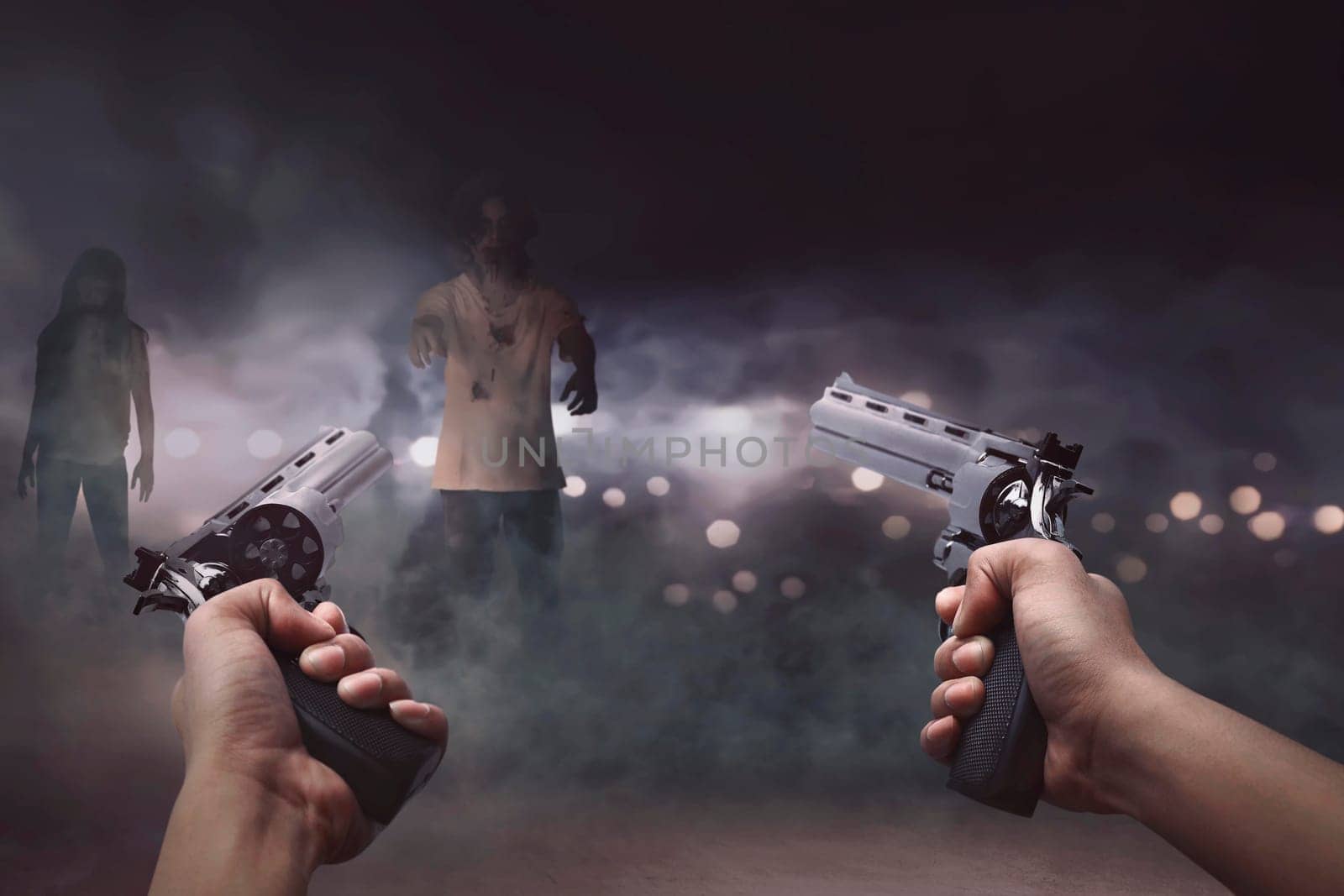 Man with two guns in his hand ready to shooting a lot creepy zombie in front of him