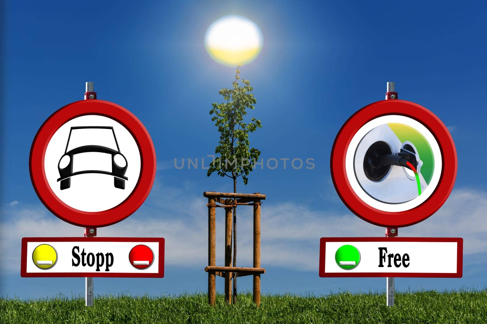 Traffic signs with inscription in English "Stop and Free"". Signpost environmental zone free travel only for electric cars. Prohibition of vehicles with internal combustion engines.."