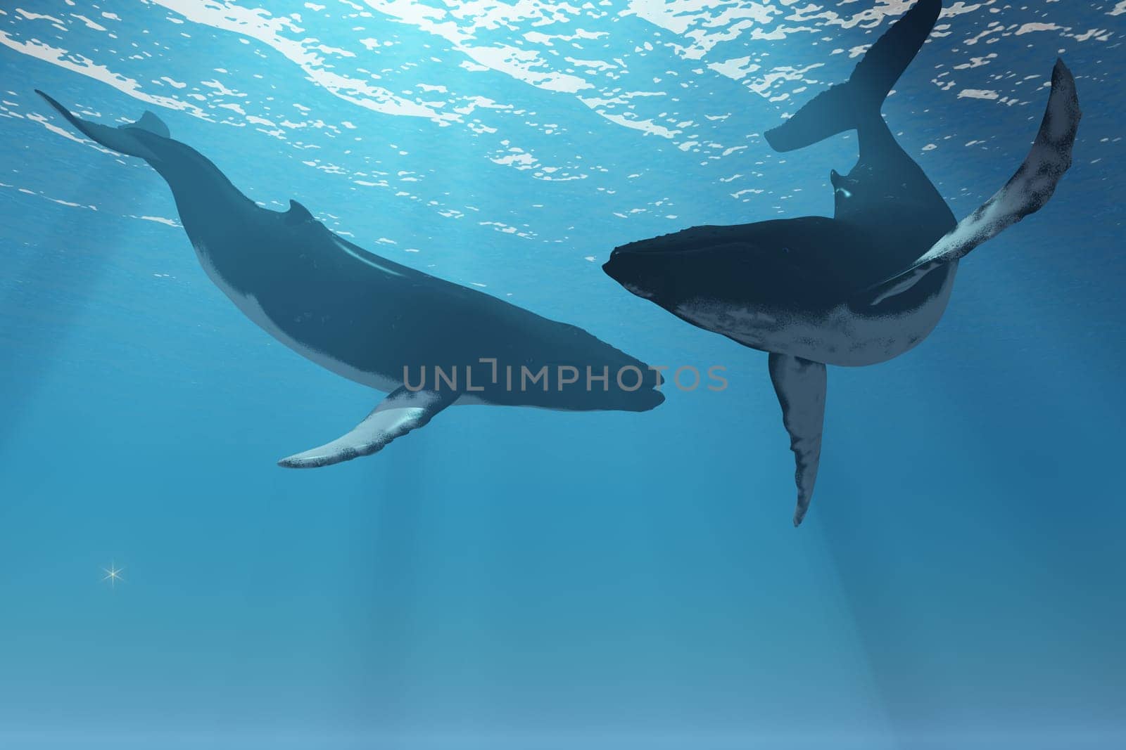 Streams of sunlight shine on two Humpback whales swimming togther in the deep ocean.