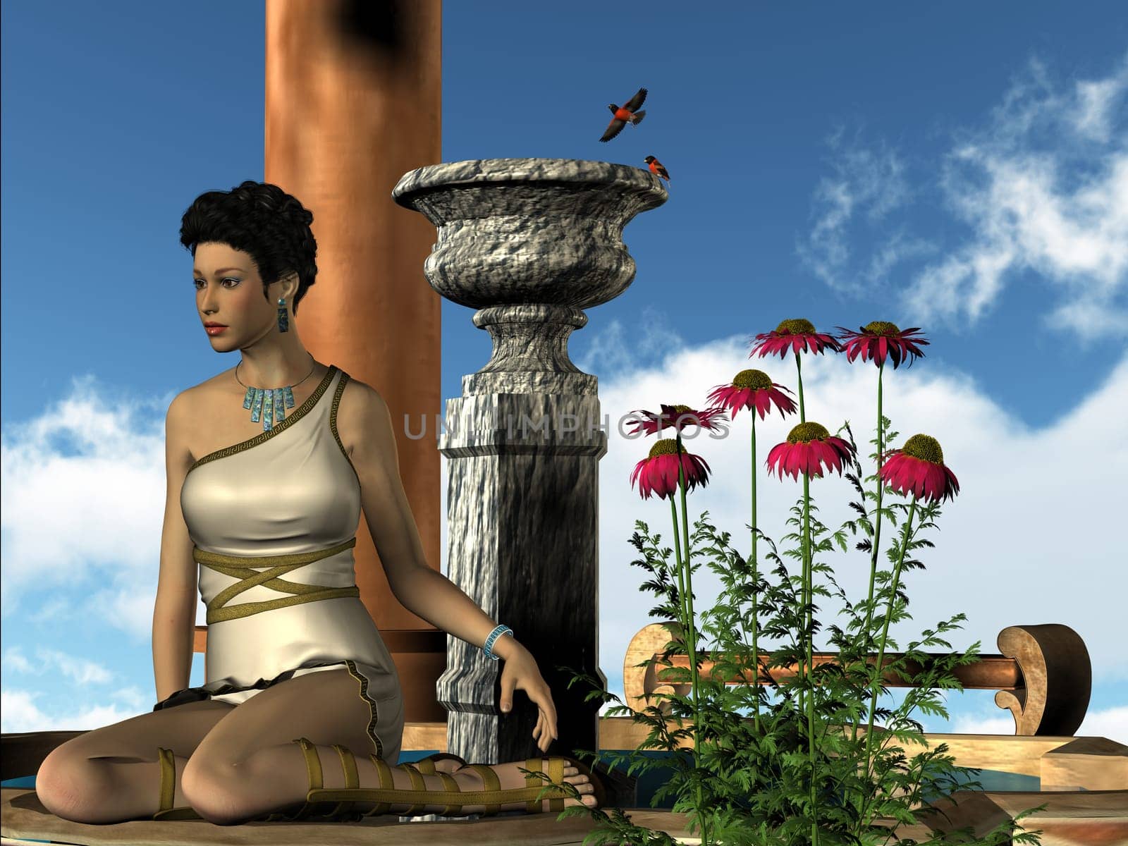 A Roman lady rests under a fountain visited by colorful birds.