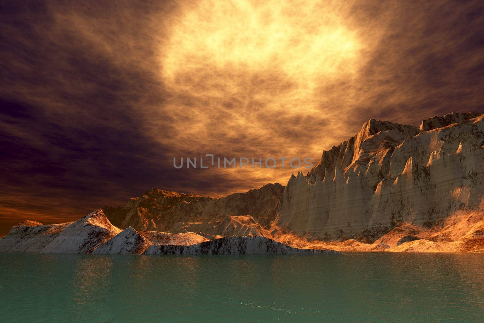 The sun gives off a large halo effect underneath heavy clouds over this coastline.