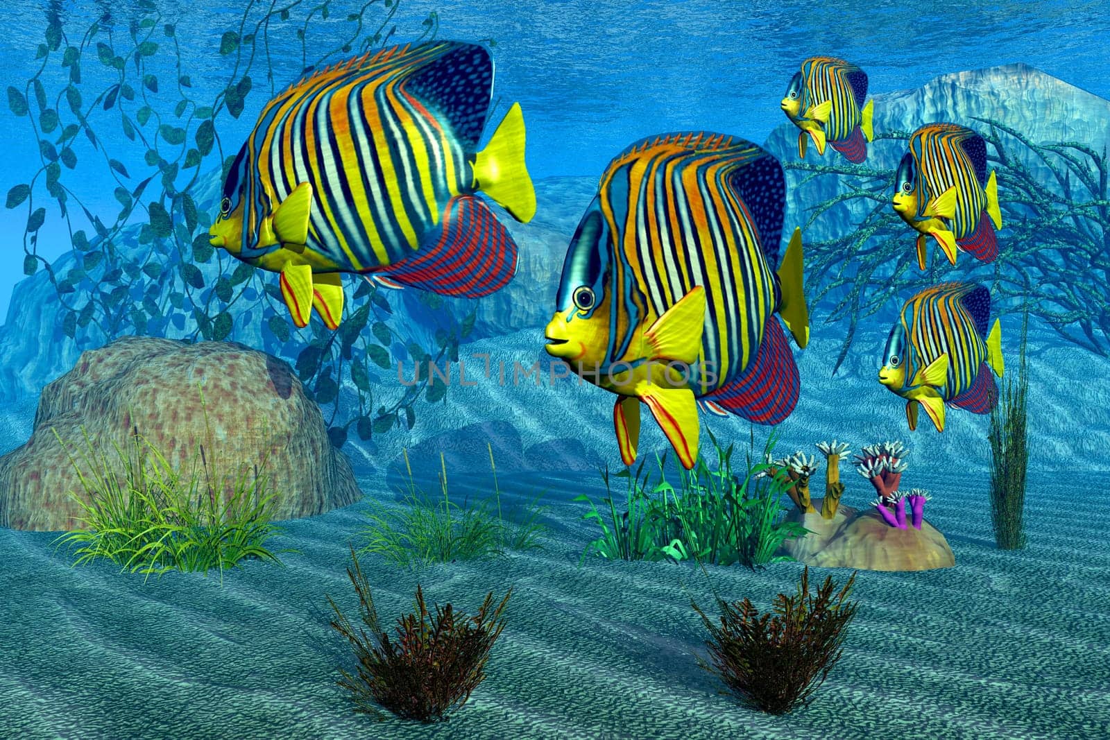 A group of Royal Angelfish swim together along an ocean reef.