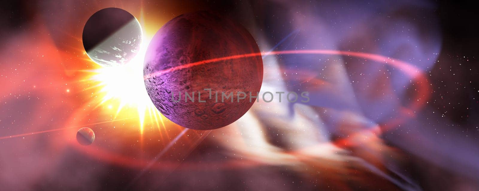 A huge sun sends out waves of solar flares in a great disturbance in the cosmos.
