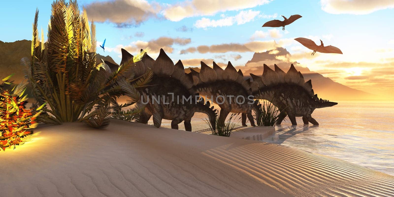 A herd of Stegosaurus dinosaurs cross a lake in the Jurassic period.