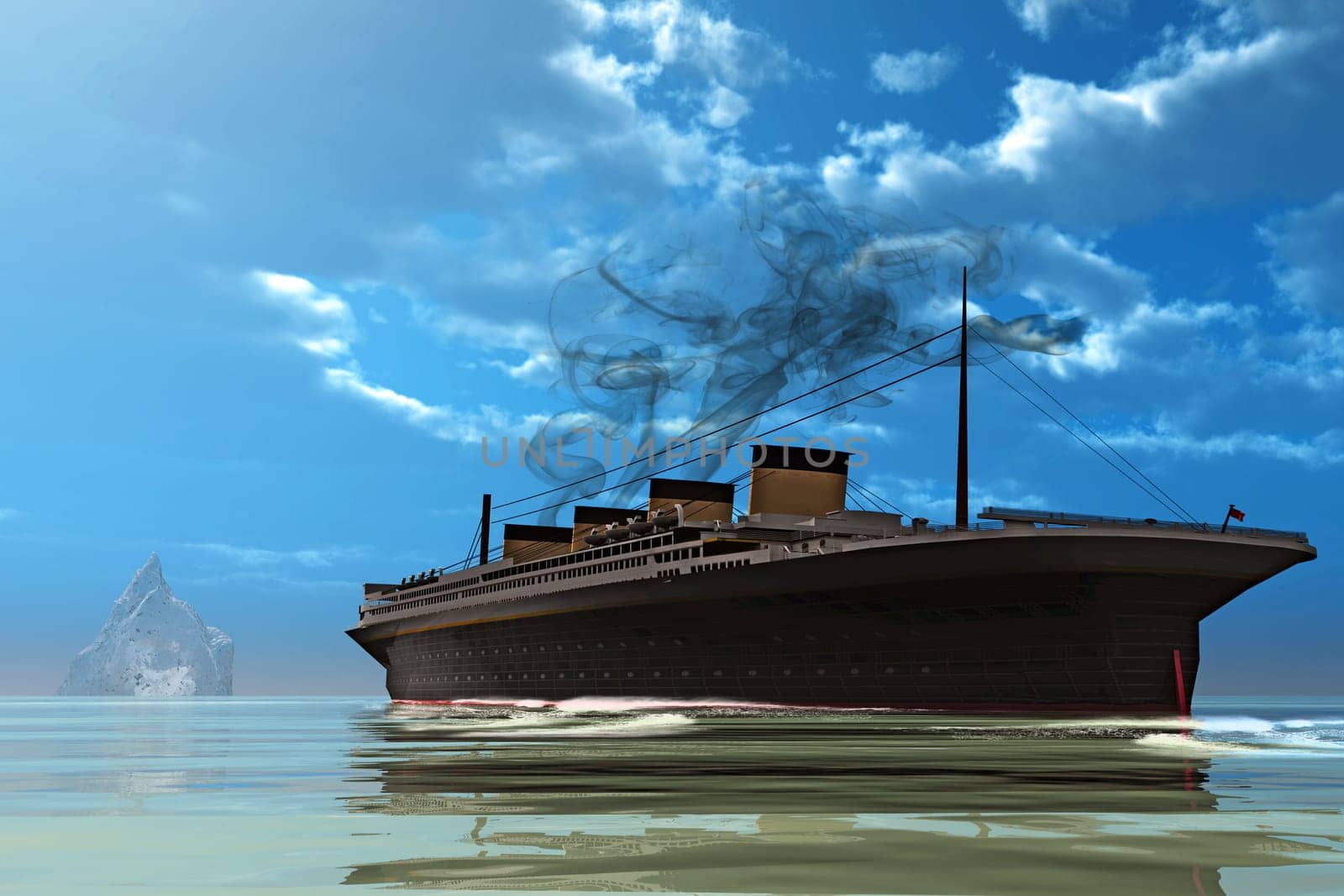 A ship heads for disaster in Arctic seas with many icebergs.