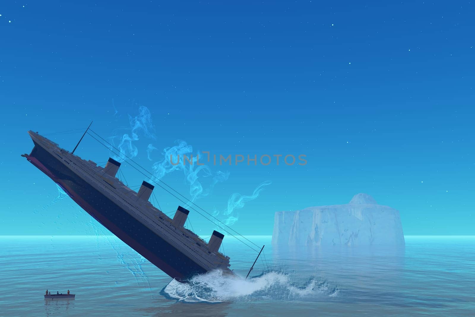 An ocean-liner sinks on a clear starry night after hitting an iceberg.
