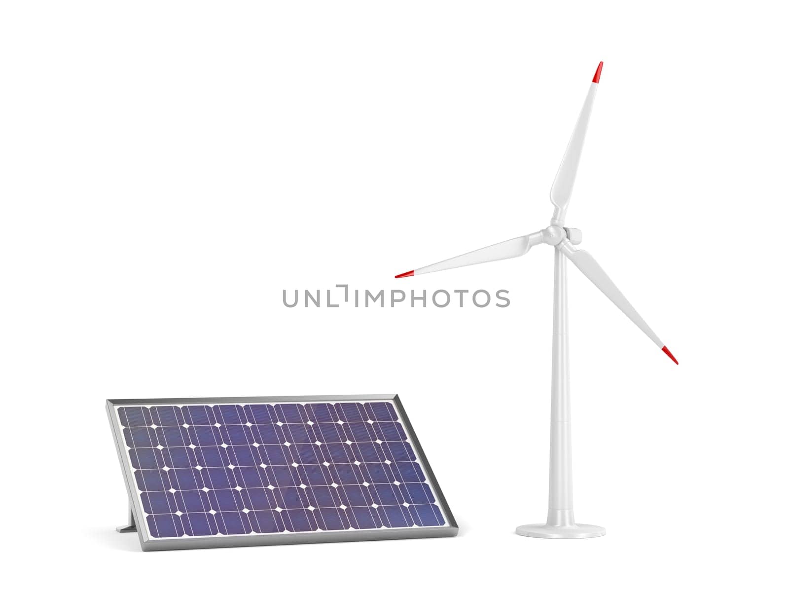 Solar panel and wind turbine on white background