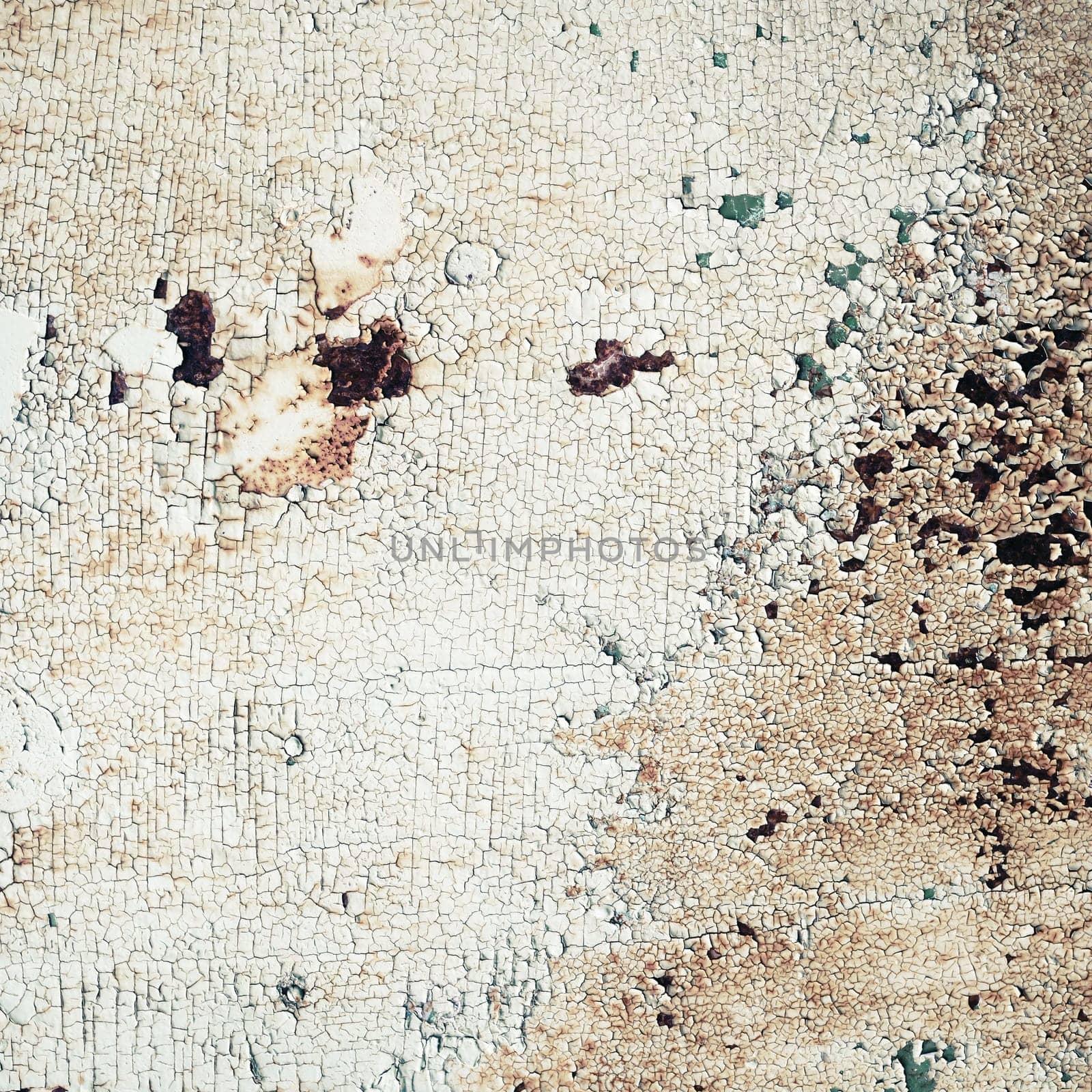 Peeling paint texture. Grunge weathered background with cracks and rust spots.
