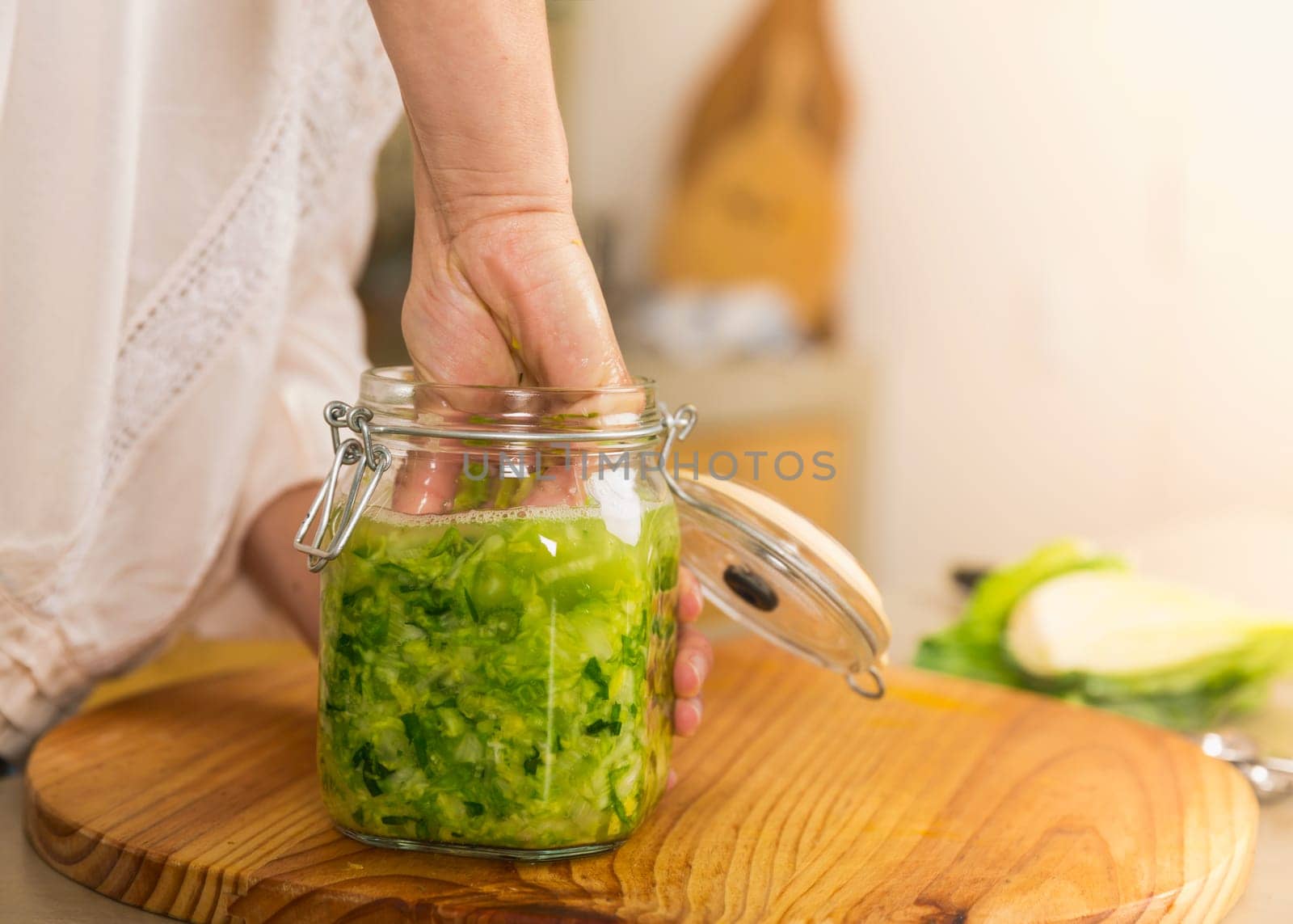 Fermented preserved vegetables. Cabbage kimchi and sauerkraut sour cabbage glass jars..