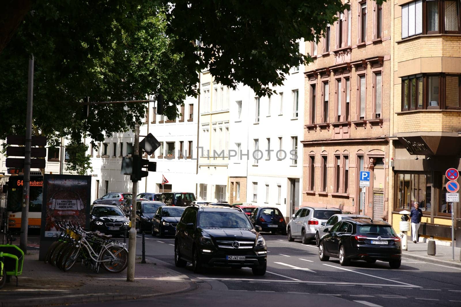 Mainz,Germany - August 21,2017: Holzhofstraße in downtown Mainz at the Roman Theater with shops and shops on August 21,2017 in Mainz.