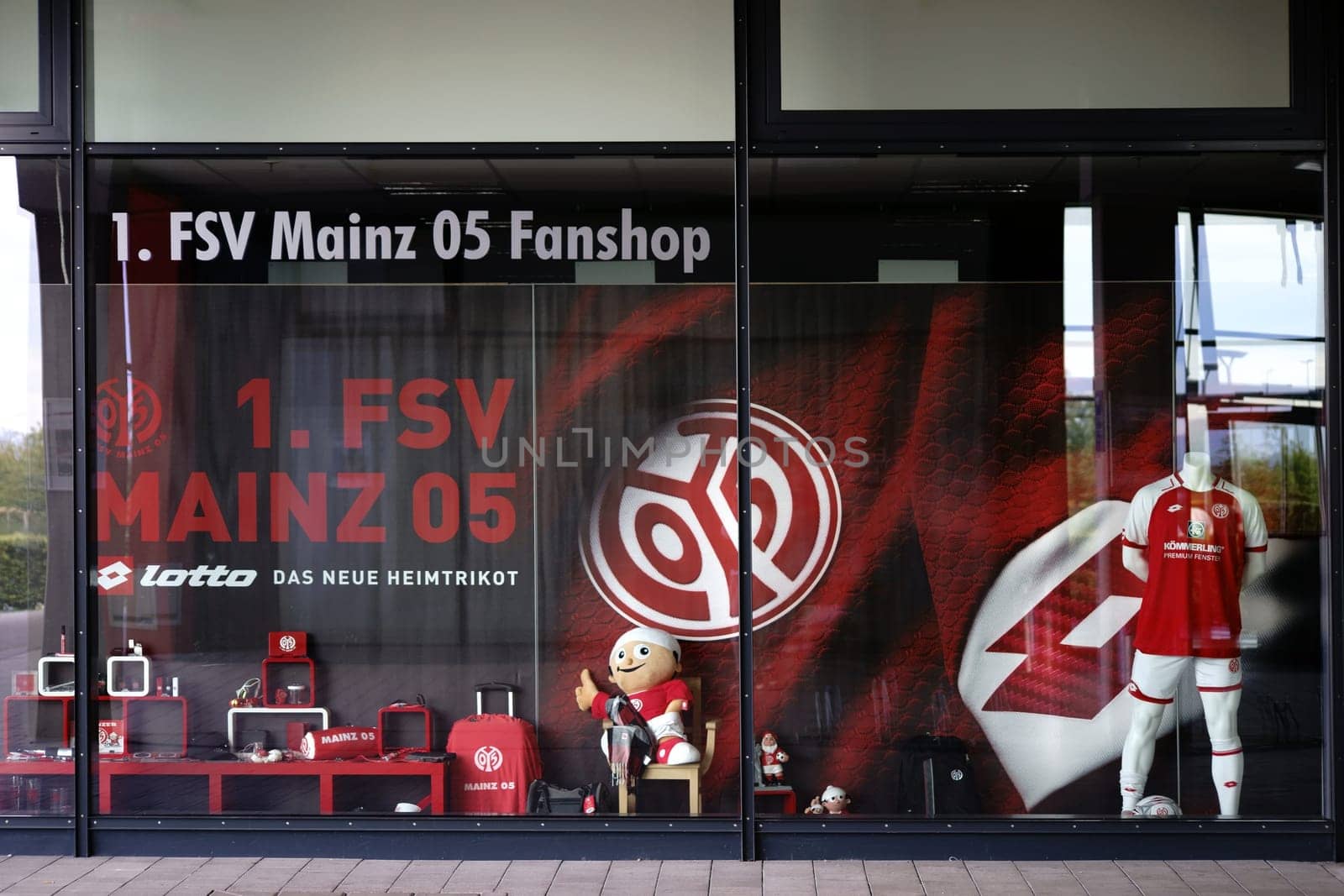 Mainz,Germany - August 20,2017: The shop window of the fan shop of the 1st FSV Mainz 05 in the Opelarena with various fan articles on August 20,2017 in Mainz.