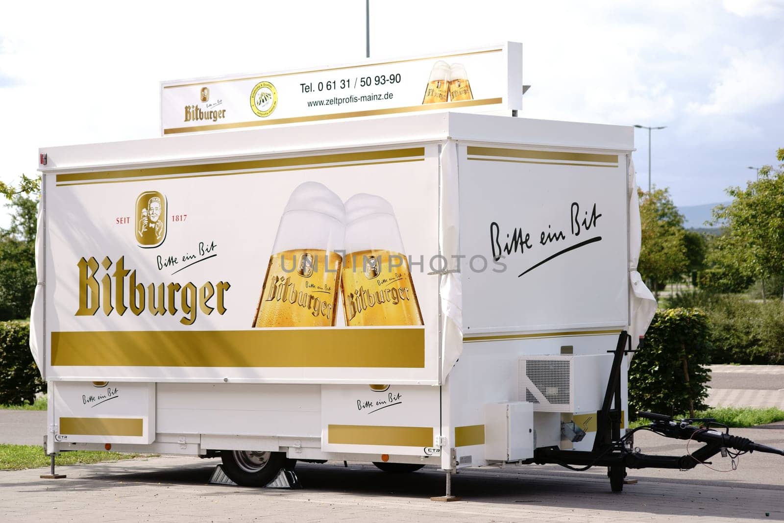 Mainz,Germany - August 20,2017: A sales stand and trailer for Bitburger brewing specialties on a forecourt of a football stadium on August 20,2017 in Mainz.