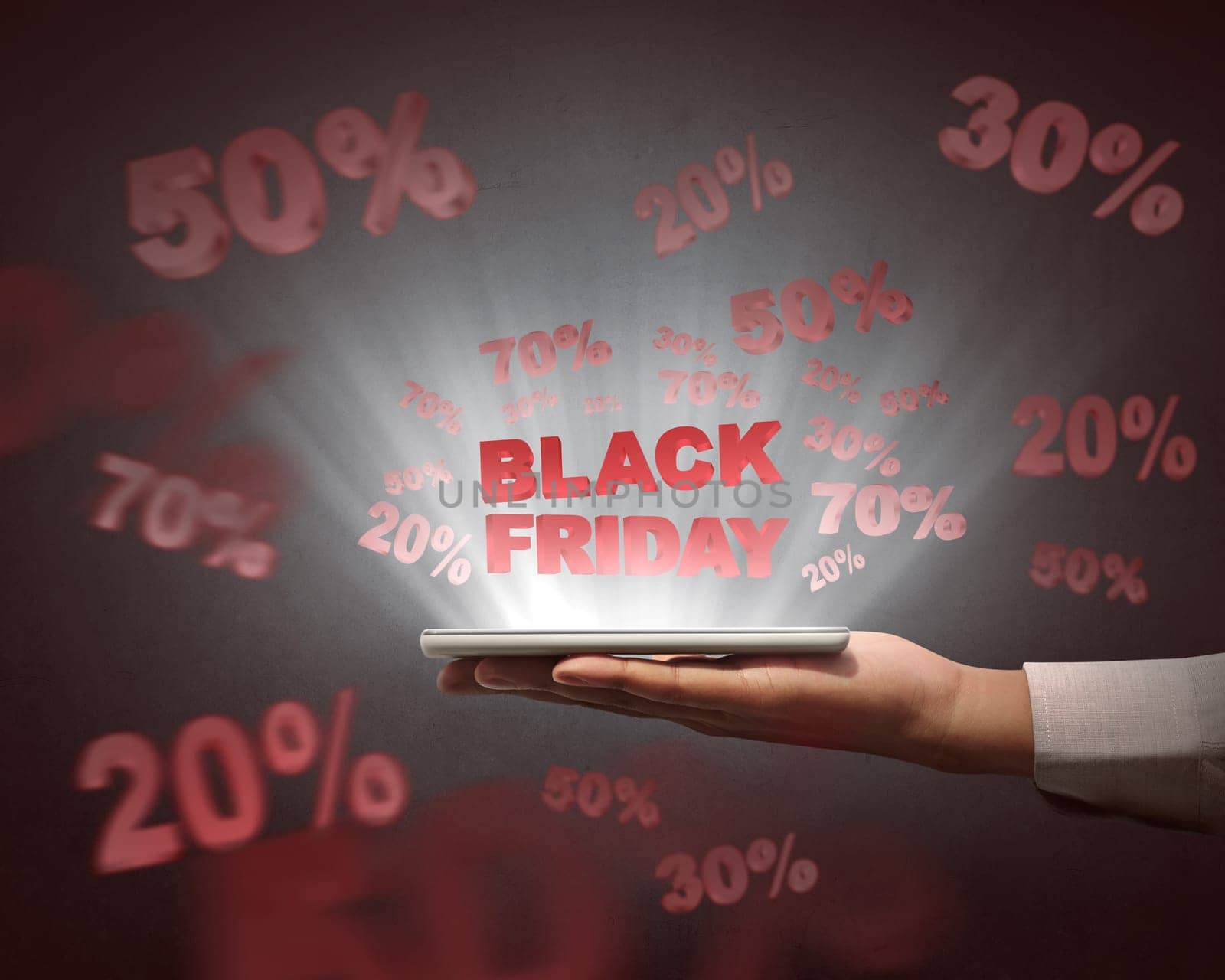 People holding tablet and showing special sale on Black Friday over black background