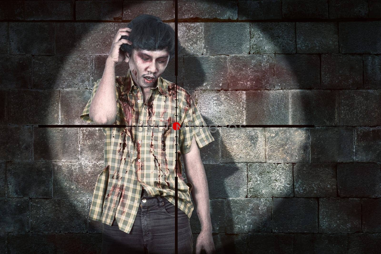 Weapon aiming to shooting bloody asian zombie man over black wall background