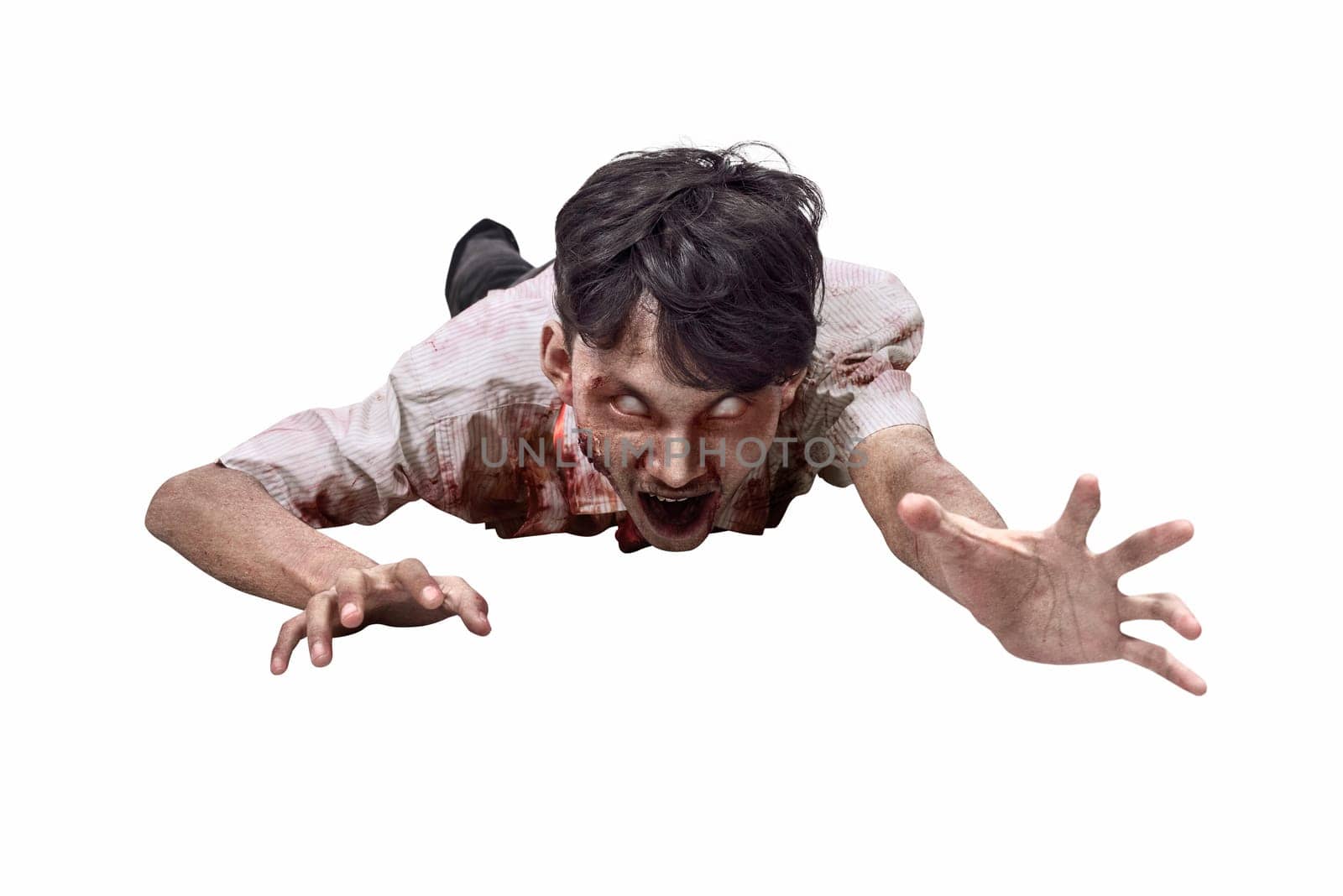Portrait of asian zombie man in clothes crawling isolated over white background