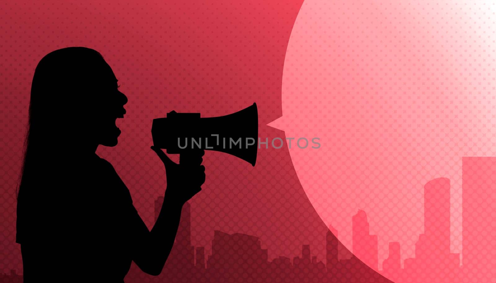 Silhouette of woman holding megaphone with empty copyspace area against red background