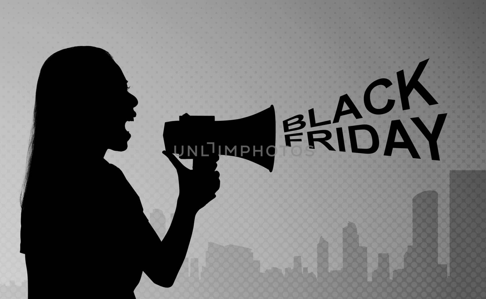Silhouette of woman with mogaphone announce Black Friday over futuristic background