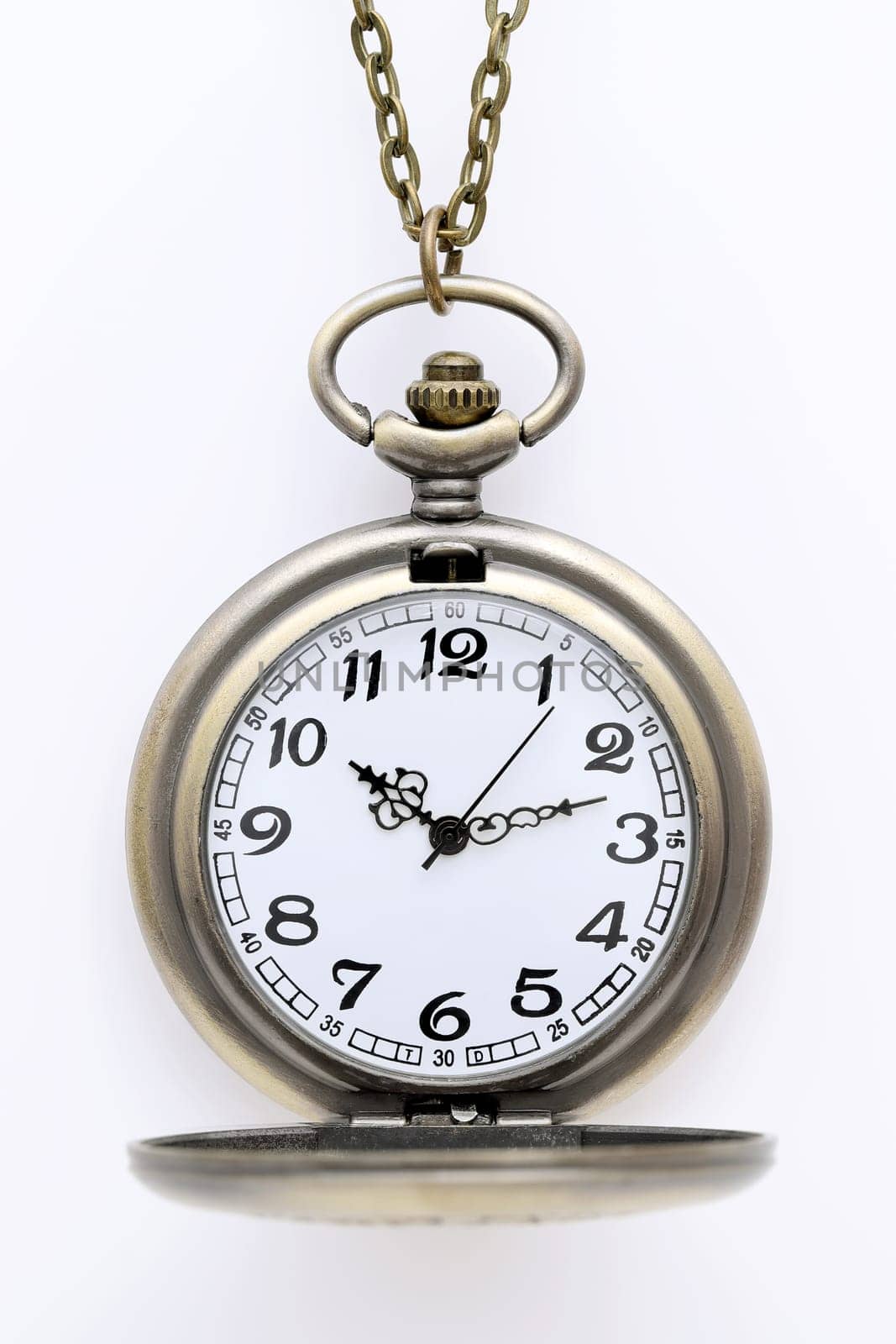 old pocket watch with chain on white background