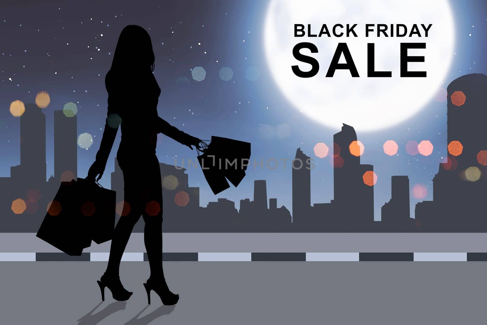 Silhouette woman shopping with paperbag on Black Friday in the city background