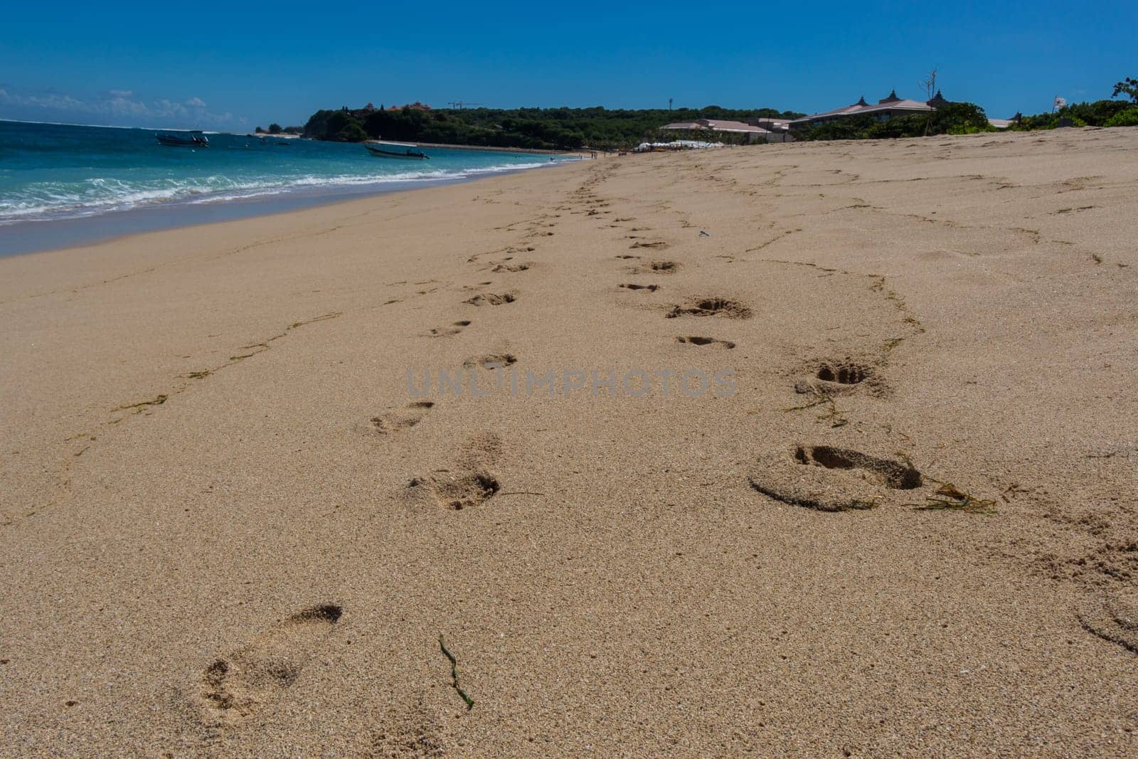 Beautiful secluded sandy beach in the Caribbean with white sand and blue sky as in paradise