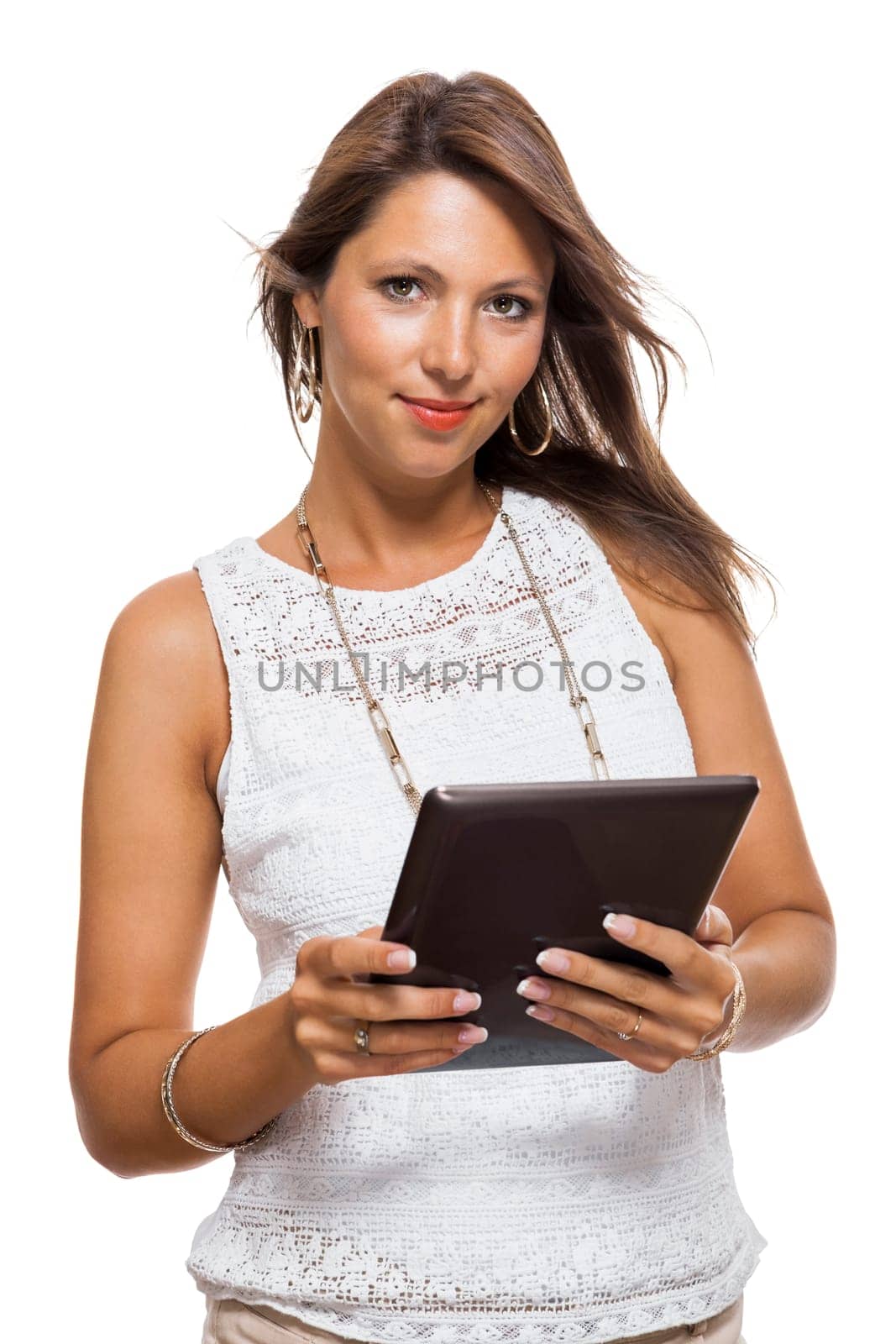 Young attractive woman with tablet PC for presentation with text space isolated on white background