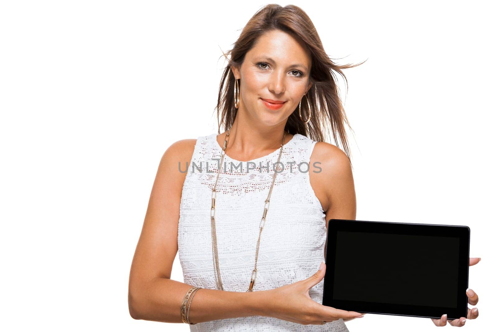 Young attractive woman with tablet PC for presentation with text space isolated on white background