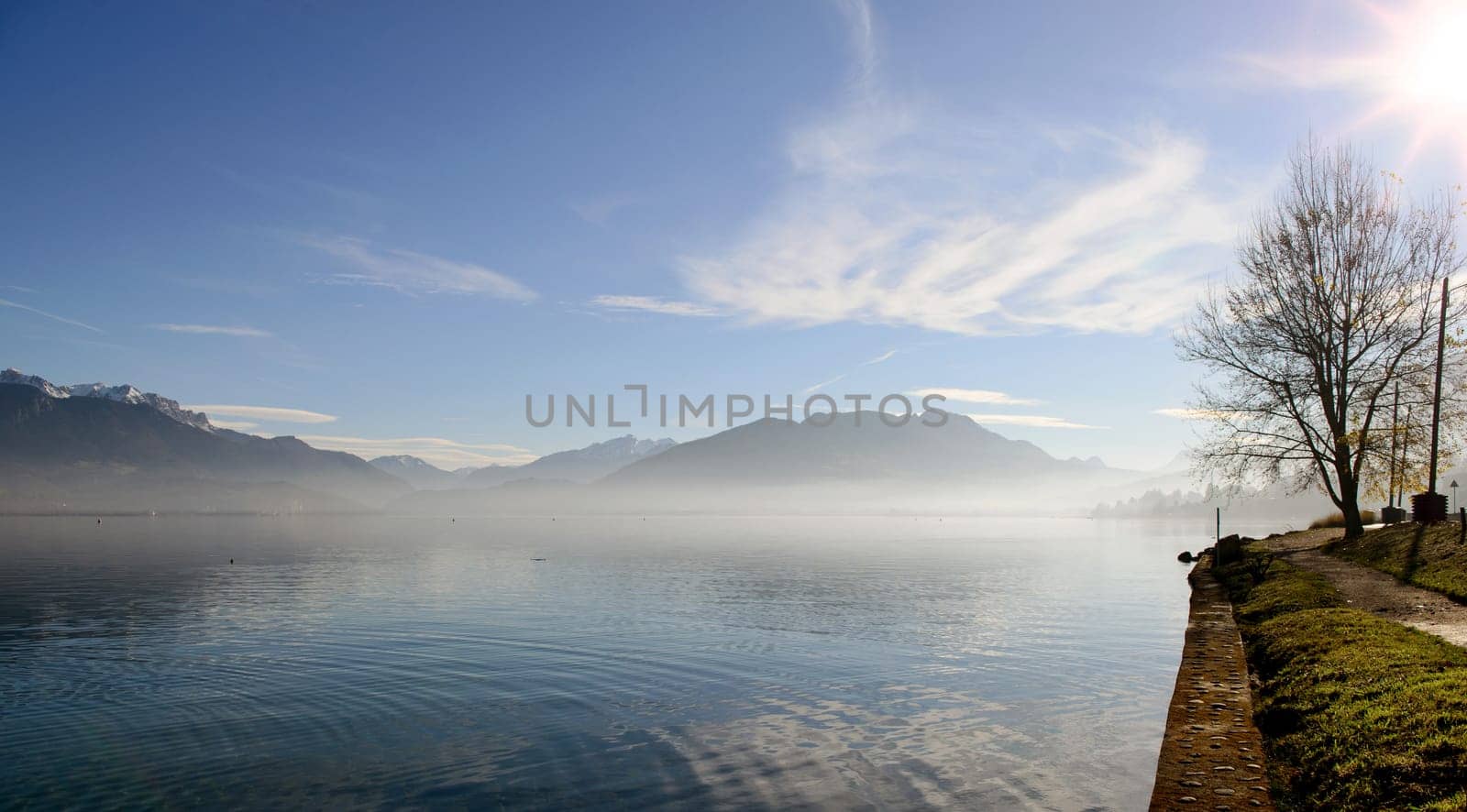 Lake Annecy in France in autumn at sunset