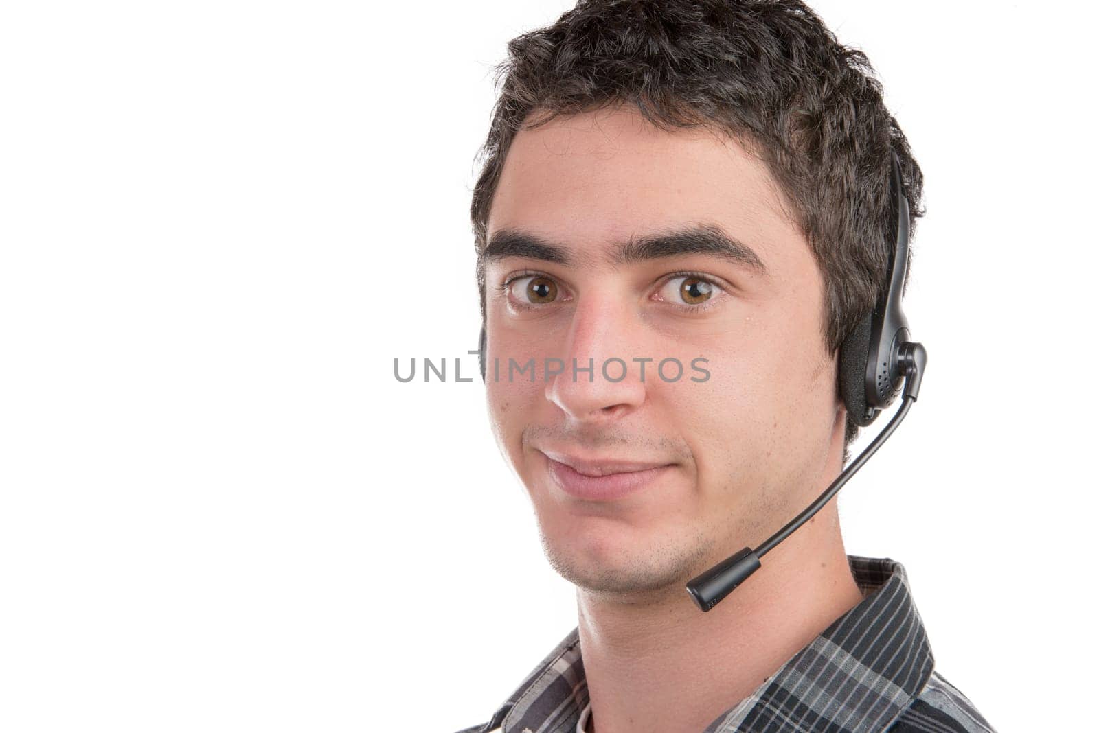 a young man working on the hotline on the white background