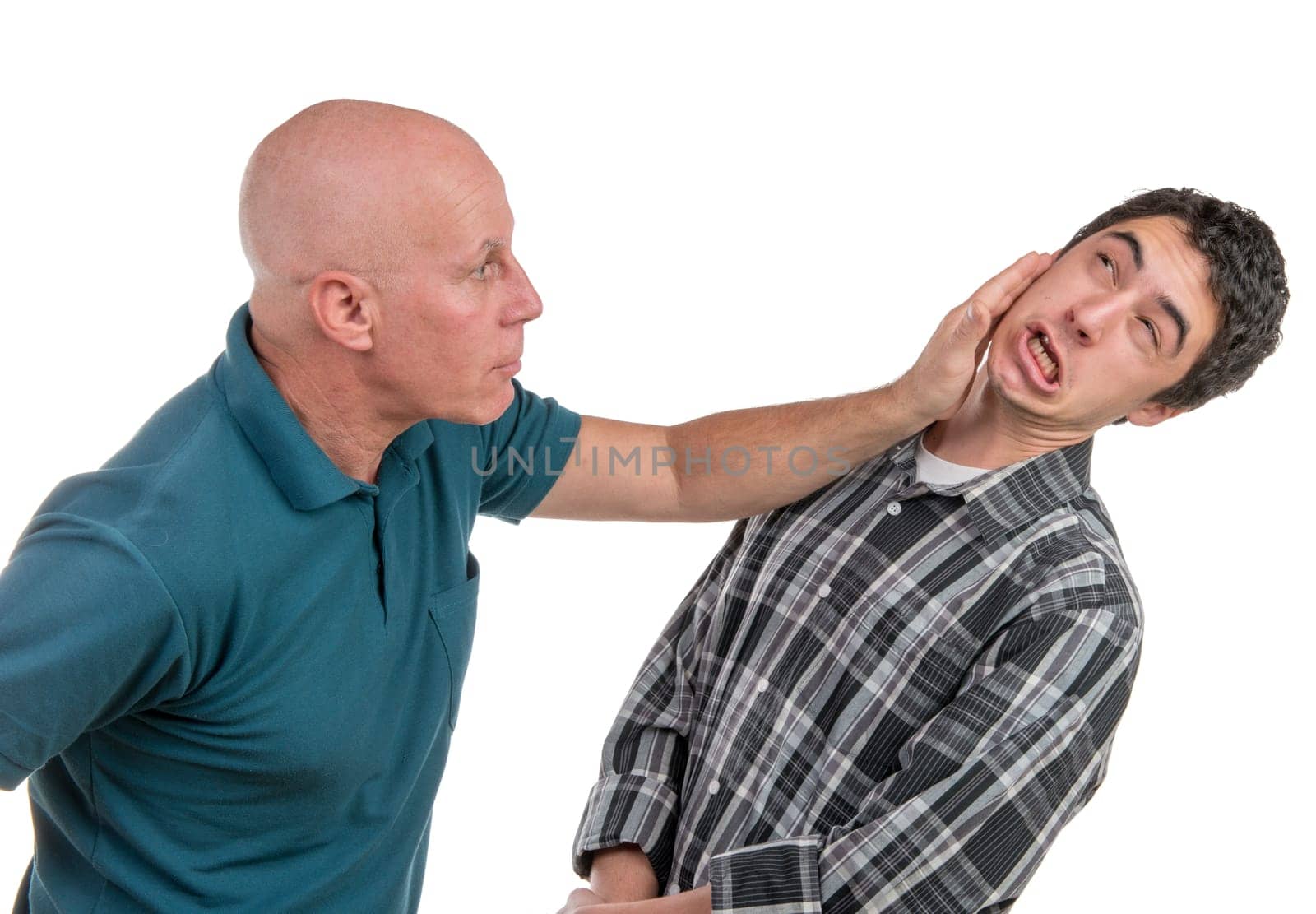 a father gives his son a slap on the white background
