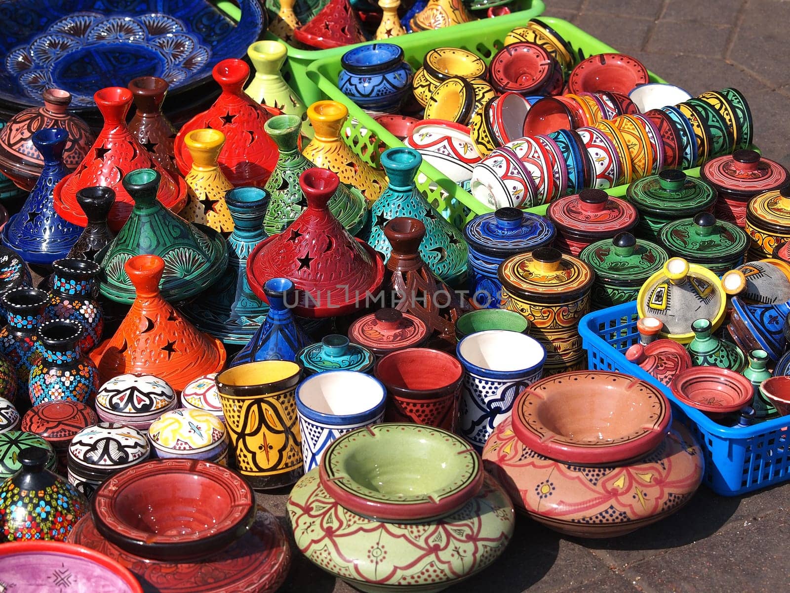 tajines and pots  made of clay on market in Marocco