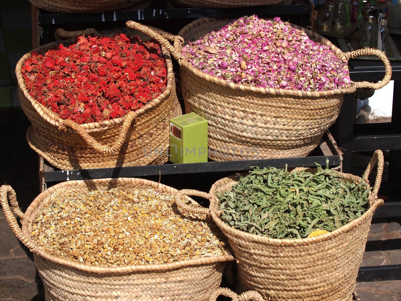 spices in baskets on open market in Morocco
