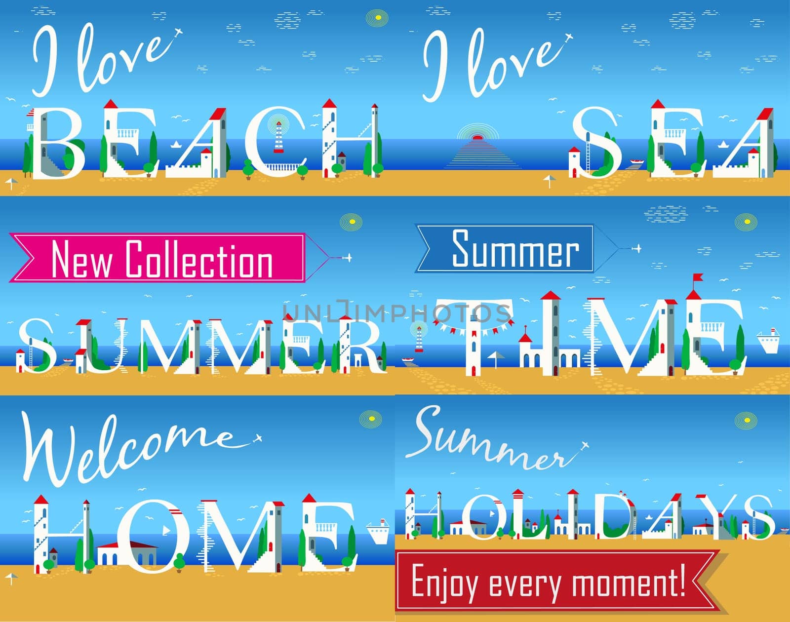 Travel cards. Artistic font. I love beach. I love sea. New collection. Summer time. Welcome home. Summer holidays. Enjoy every moment. White houses on the beach. Plane in the sky.  illustration