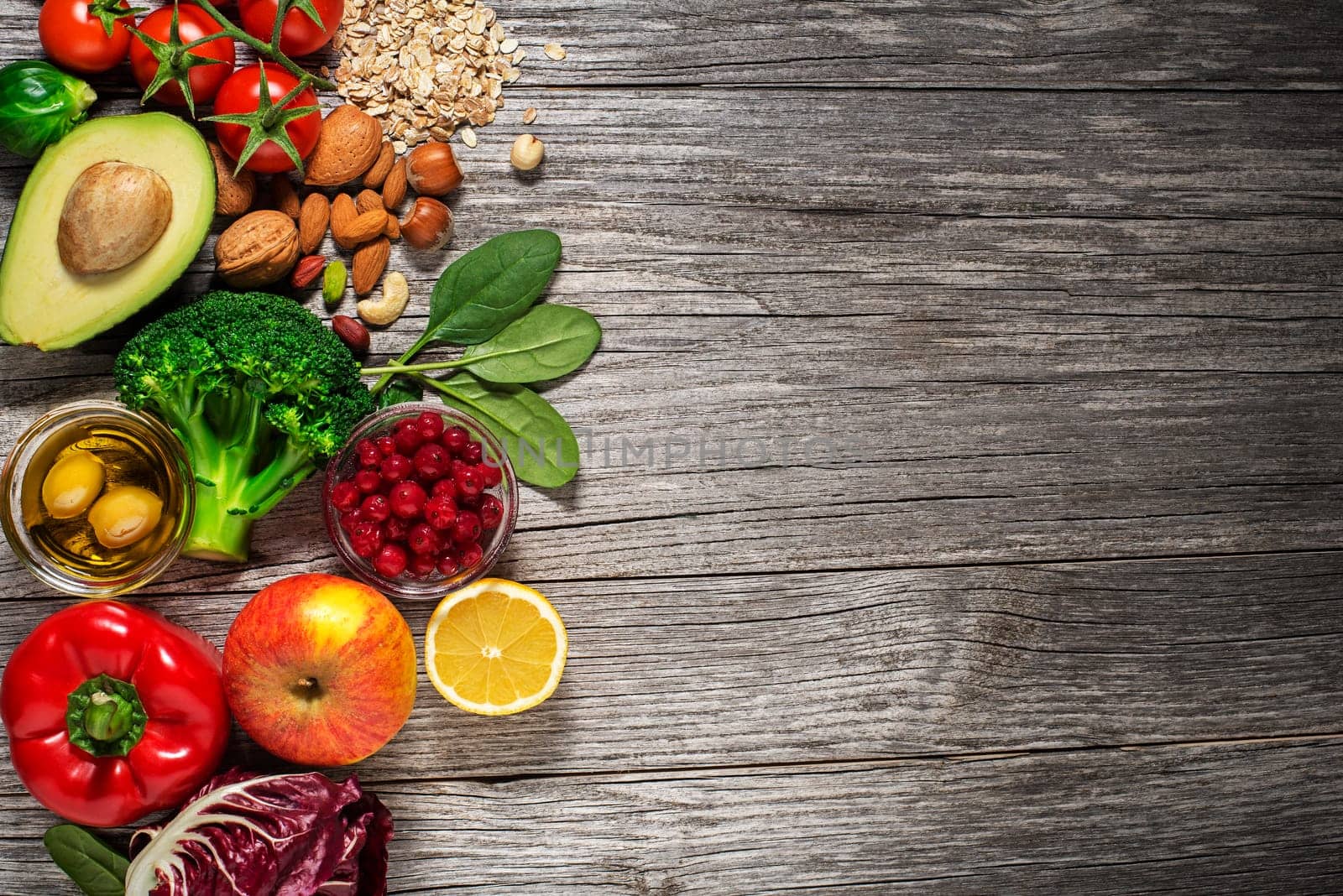 Selection of healthy food with vegetable and fruits. Healthy diet foods for heart, cholesterol and diabetes.