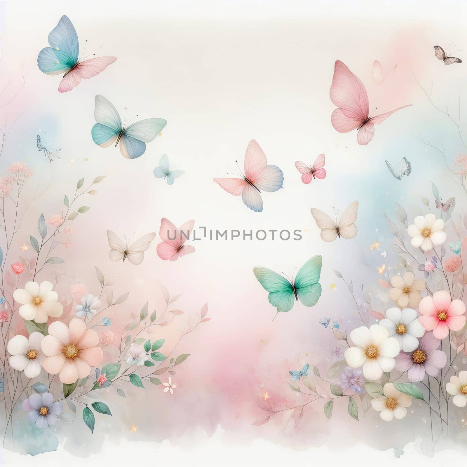 Butterflies fly among pastel flowers: harmony of nature and tenderness of colors in a spring field.