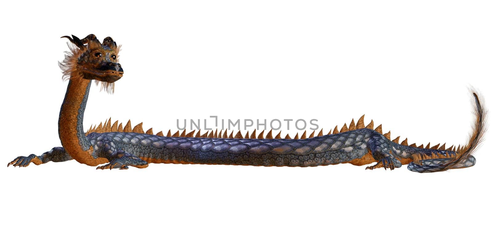 A creature of myth and fantasy the dragon is a fierce monster with horns and large teeth.