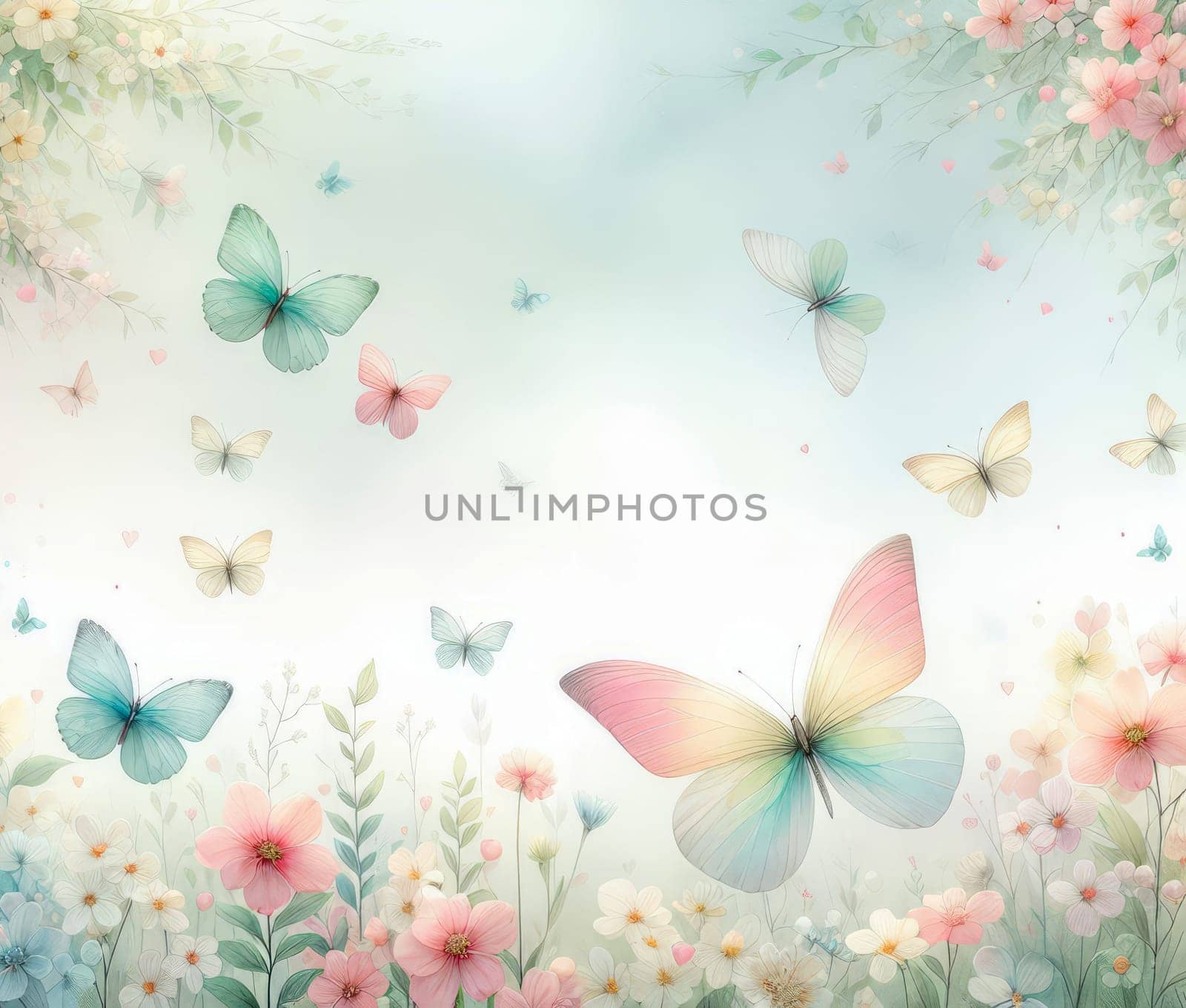 Butterflies fly among pastel flowers: harmony of nature and tenderness of colors in a spring field.