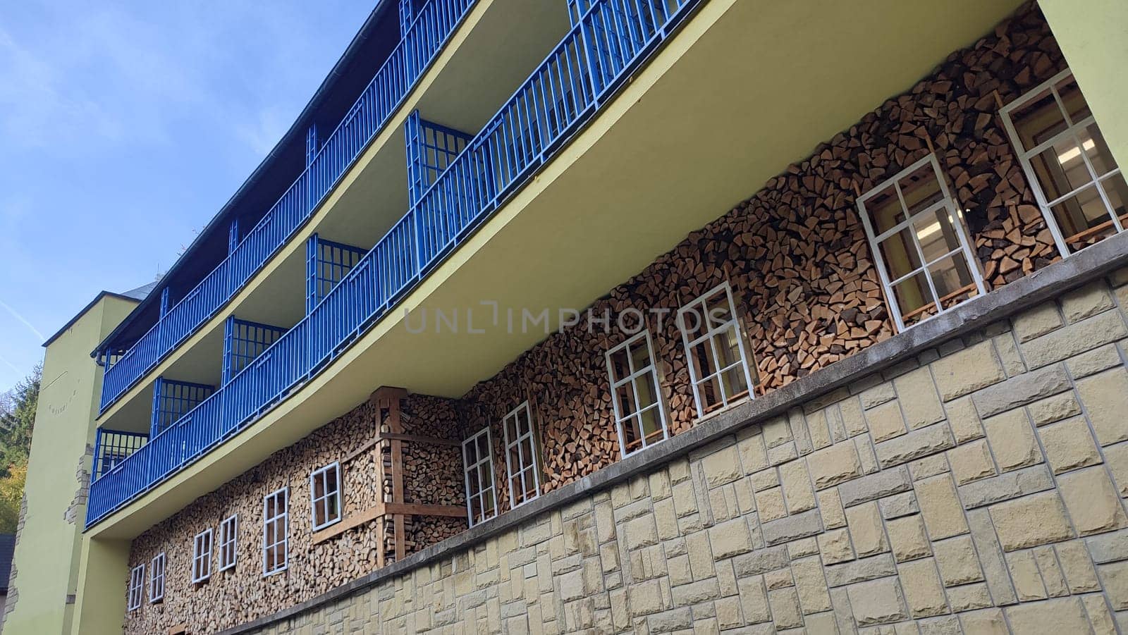 building hotel apartments residential house architect windows balconies brick construction. High quality photo