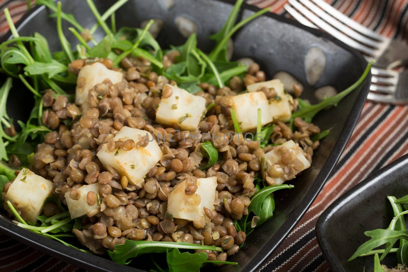 Healthy lentil and celeriac salad on rocket lettuce