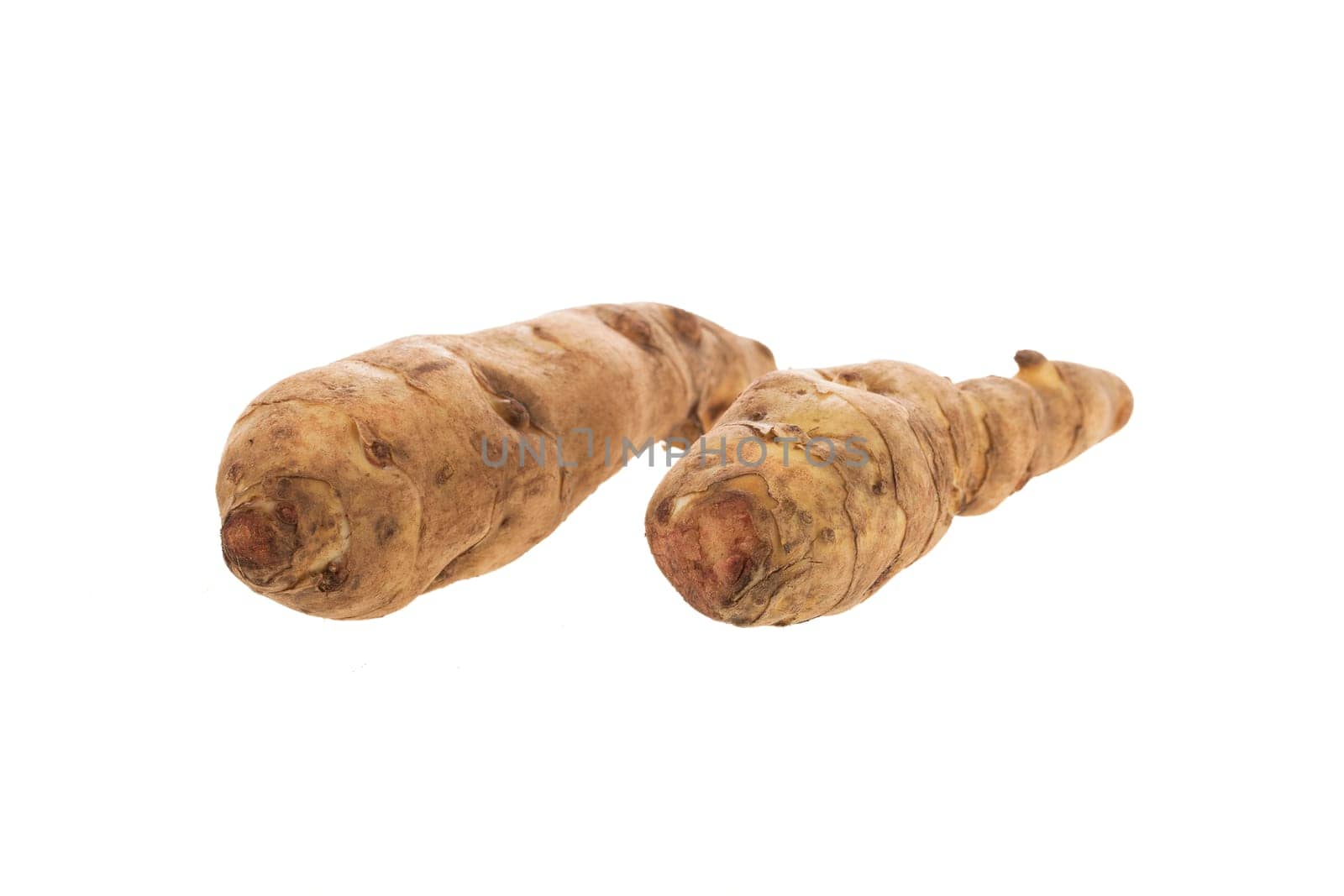 Two long jerusalem artichoke isolated on white.