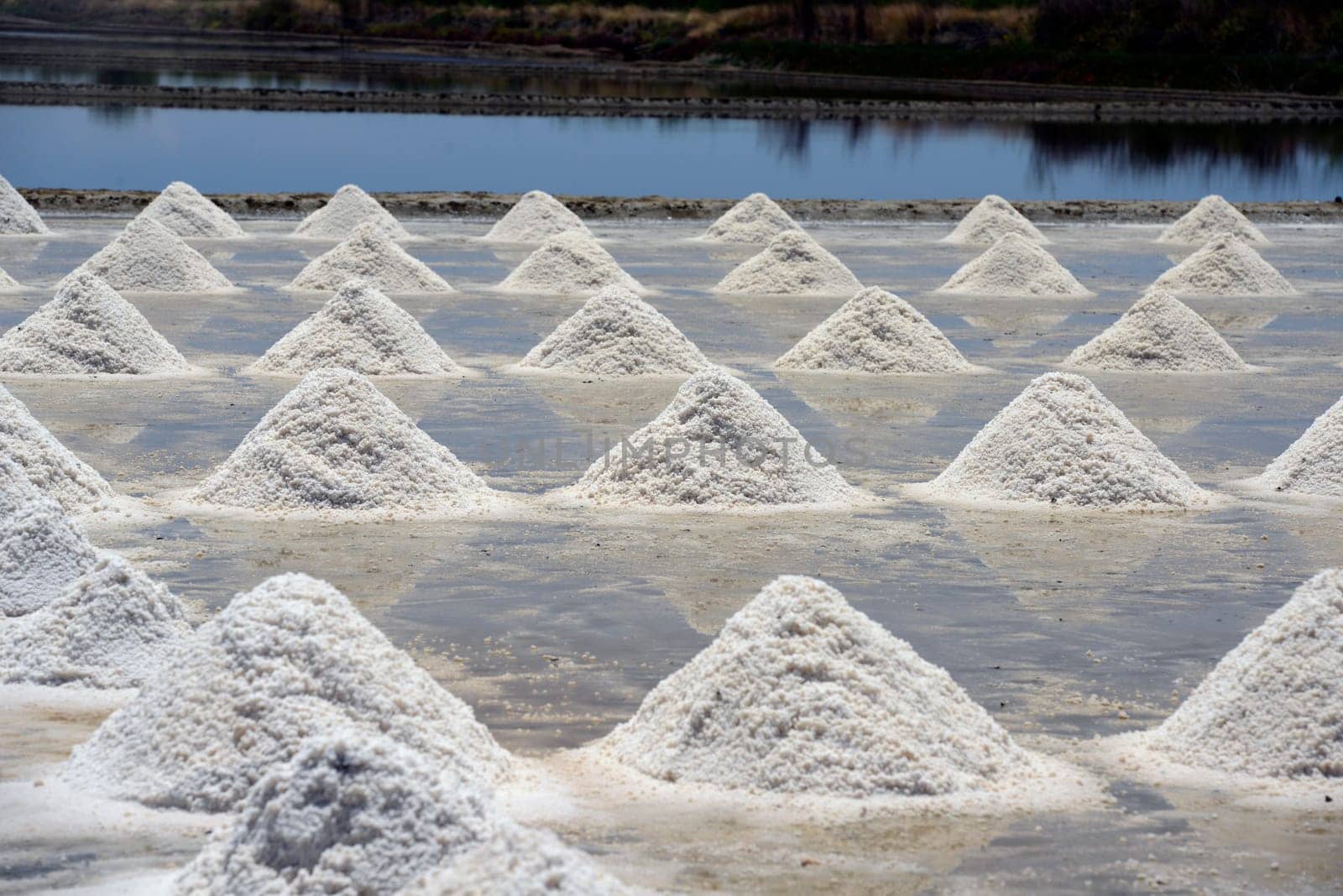A salt field for the extraction of sea salt south-west of the city of Bangkok in Thailand in South East Asia.