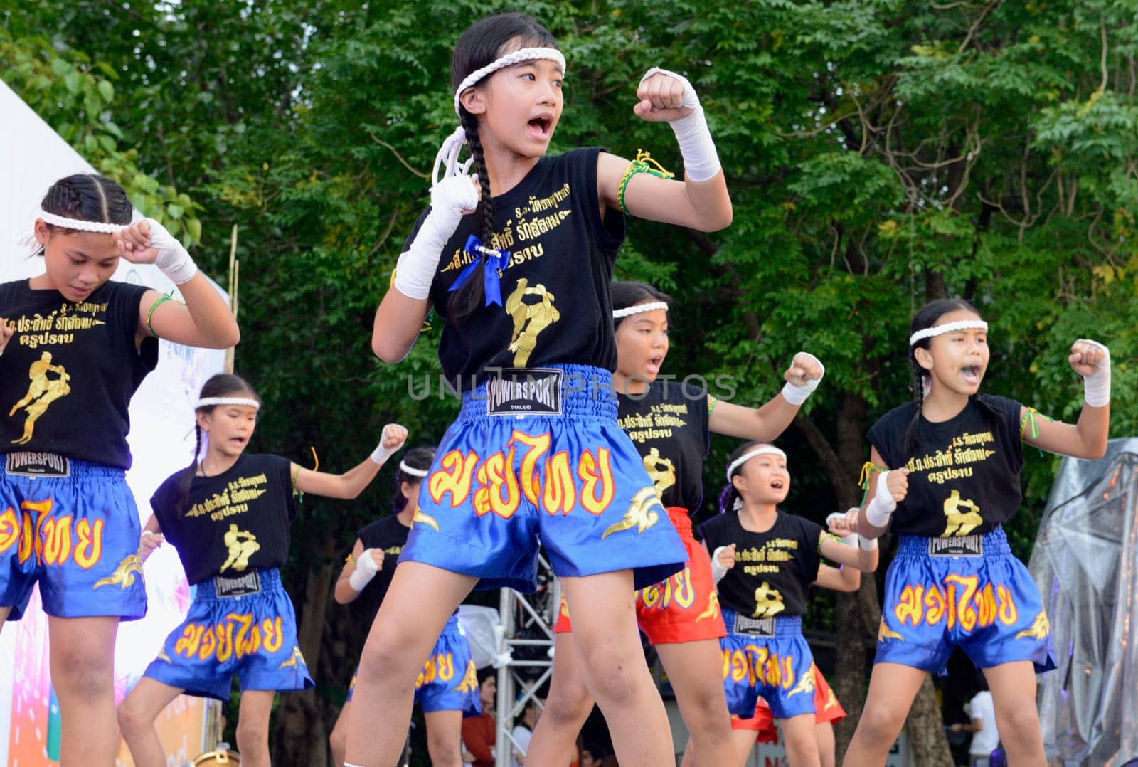 Children at a traditional Thai boxing show at Santichaiprakan Park at Mae Nam Chao Phraya in the capital Bangkok of Thailand in South East Asia.