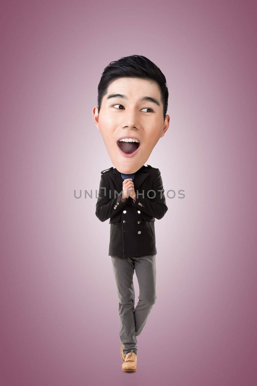 Funny Asian big head man, full length portrait.